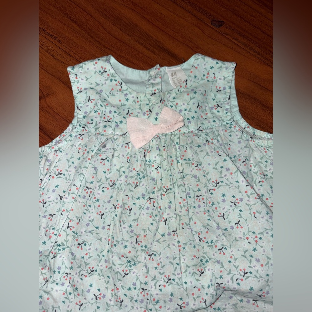 H&M Mint Floral Baby Dress with Pink Bow